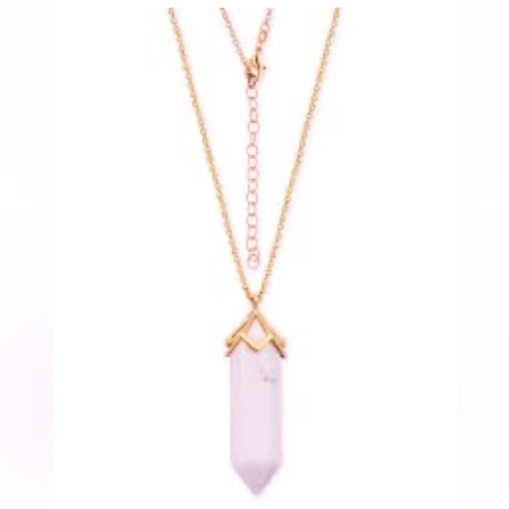 WHITE AGATE HEXAGONAL PENDULUM PENDANT 32” ROSE GOLD CHAIN NECKLACE OS